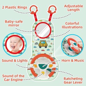 AM ANNA Baby Car Seat Toys for Infants with Mirror, Carseat Toys Steering Wheel with Music Lights and Driving Sounds, Travel Car Seat Toy for Infants Babies 6 to 12 Months