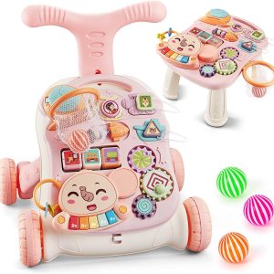 3 in 1 Baby Push Walker and Activity Center for boy, Sit to Stand Walker for Babies 12 months and up, Baby Walking Toys with Music Panel for Infants, Push Toys for Toddlers Learning to Walk Pink